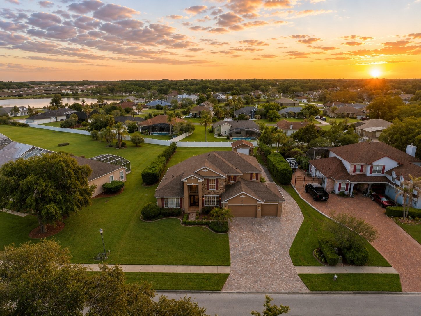 Aerial view of the home at golden hour