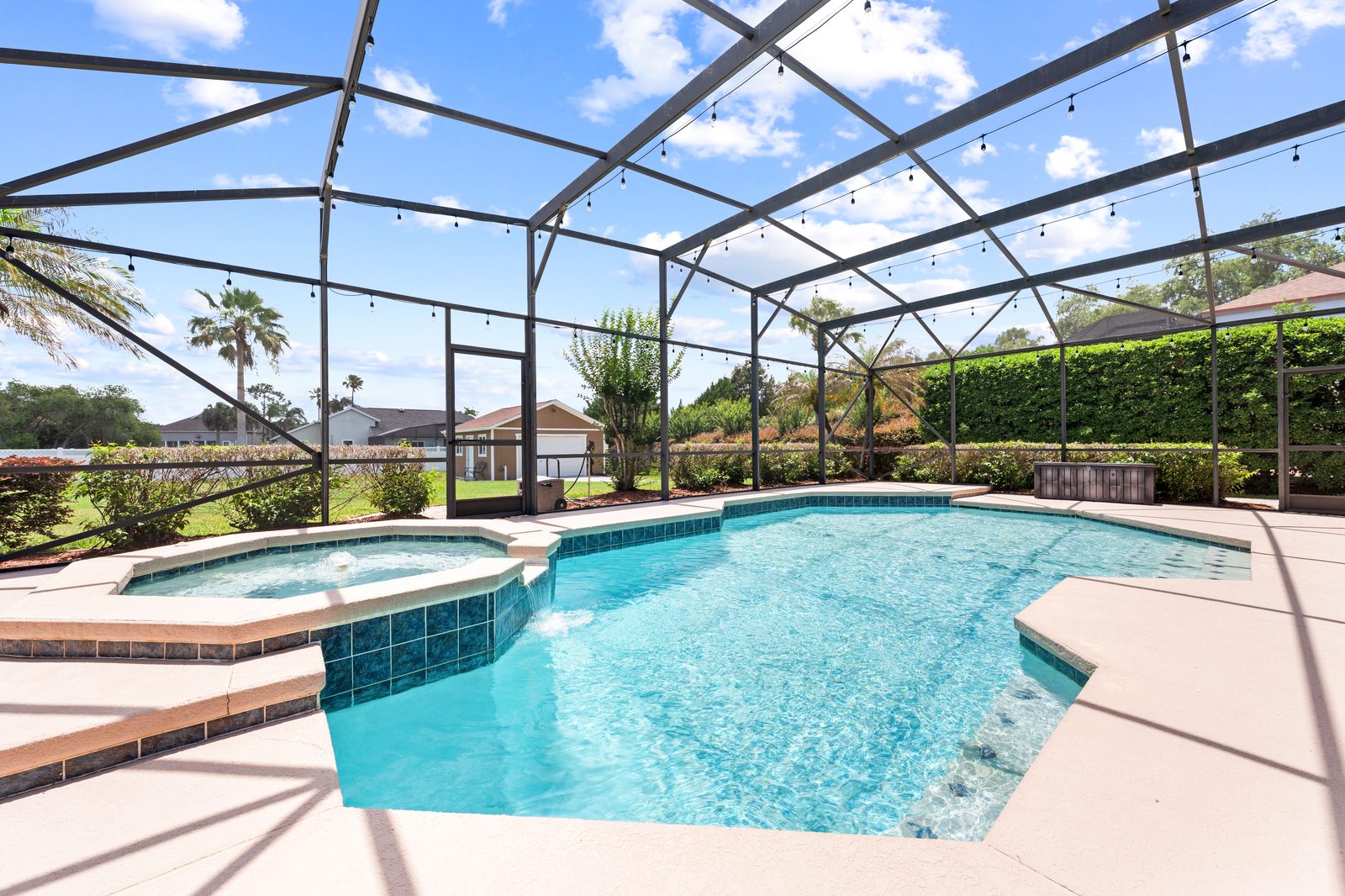 Screened saltwater pool and spa
